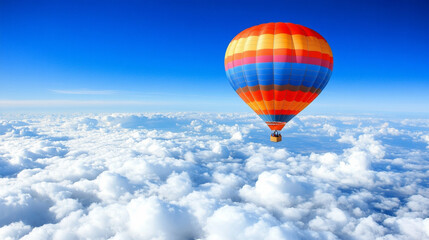 Fototapeta premium Colorful hot air balloon soaring in a bright blue sky, symbolizing freedom, adventure, and new perspectives