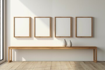 empty four 8.5 x 11 frames mockup isolated on white wall, modern house interior. Generative ai