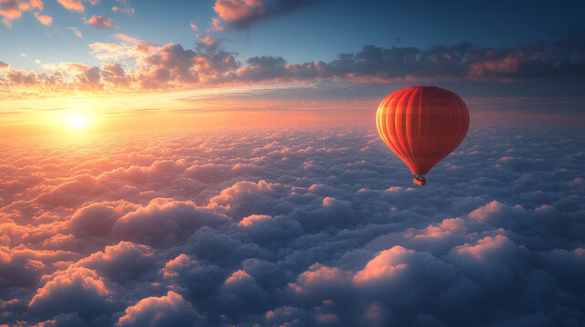 Colorful hot air balloon soaring in a bright blue sky, symbolizing freedom, adventure, and new perspectives