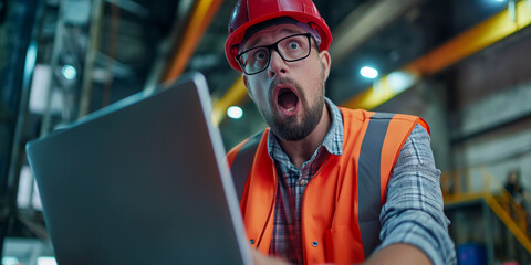 Stunned and shocked engineering professional displaying overwhelmed facial reaction to a failed project.
