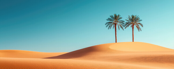 A serene desert landscape featuring two palm trees under a clear blue sky, perfect for evoking tranquility and warmth.