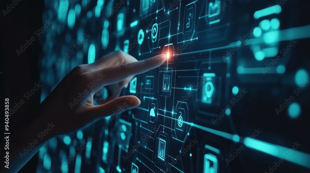 Poster hand interacting with a futuristic digital interface