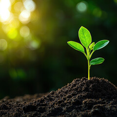 Fototapeta premium A vibrant green seedling emerging from rich soil, symbolizing new growth and the beauty of nature in a sunlit environment.