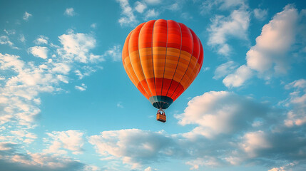 Naklejka premium Colorful hot air balloon soaring in a bright blue sky, symbolizing freedom, adventure, and new perspectives