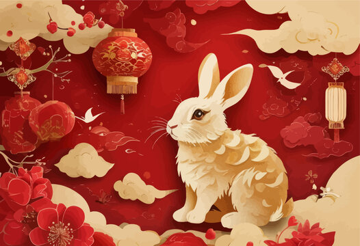 Adorable Easter Bunny Rabbit with Big Eyes and Fluffy Fur, Sitting on Red Flowers, Against a Red Background with Chinese Lanterns and Cherry Blossoms