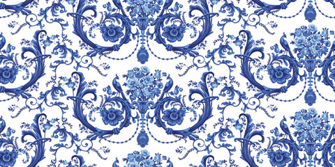 Baroque seamless pattern with bouquet of roses and peonies, floral motif and peacocks