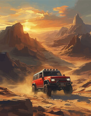 Adventurous Journey: Red SUV on Dirt Road in Desert Landscape