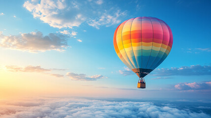 Fototapeta premium Colorful hot air balloon soaring in a bright blue sky, symbolizing freedom, adventure, and new perspectives
