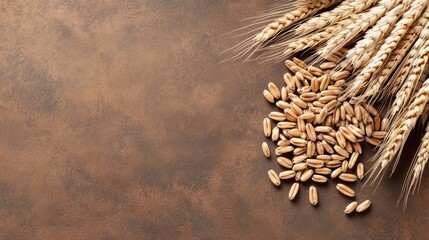 Wheat Spikes and Grains on Brown Background