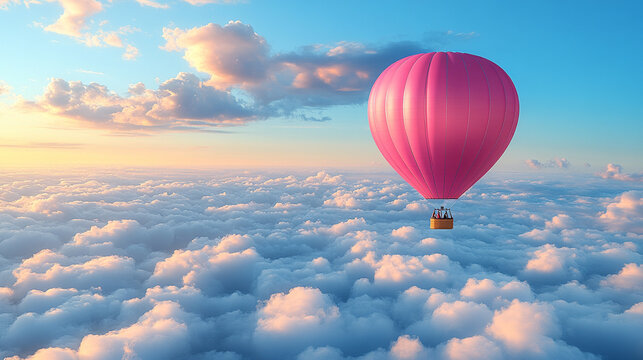 Colorful hot air balloon soaring in a bright blue sky, symbolizing freedom, adventure, and new perspectives