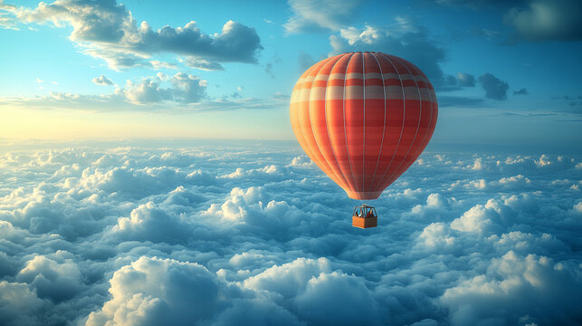 Colorful hot air balloon soaring in a bright blue sky, symbolizing freedom, adventure, and new perspectives