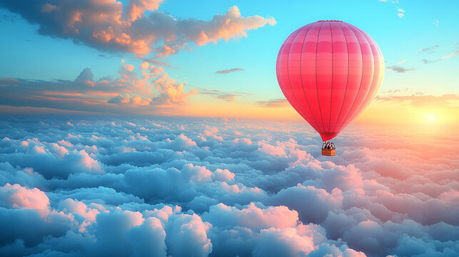 Colorful hot air balloon soaring in a bright blue sky, symbolizing freedom, adventure, and new perspectives