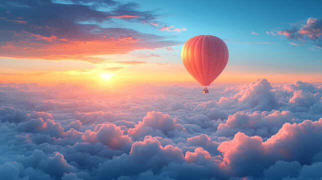 Colorful hot air balloon soaring in a bright blue sky, symbolizing freedom, adventure, and new perspectives