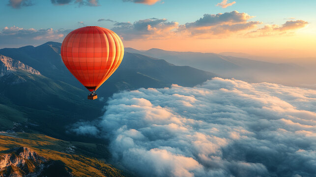 Colorful hot air balloon soaring in a bright blue sky, symbolizing freedom, adventure, and new perspectives