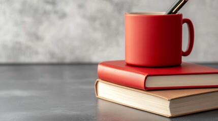 Fototapeta premium Red Mug and Books on a Grey Background