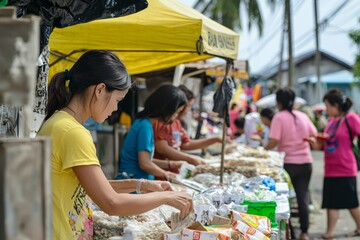Obraz premium Volunteers distributing food and supplies to families in need at a makeshift aid station in a disaster-stricken