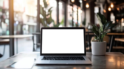 modern workspace with a laptop featuring a blank screen on a bright table, symbolizing creativity and opportunity. Ideal for showcasing digital solutions or tech innovation