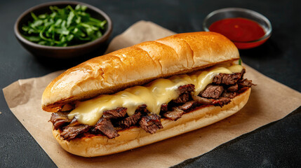 Delicious sandwich filled with tender beef, melted cheese, and served with fresh greens and sauce. Perfect for food lovers!