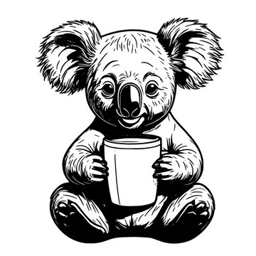 recommend clip art: Drawing illustration of a koala holding a cup of coffee on a white background, australian animal with a hot beverage drink element design