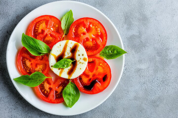 Fresh mozzarella cheese, sliced tomatoes, and basil leaves on a plate, drizzled with balsamic glaze. A colorful, healthy dish.