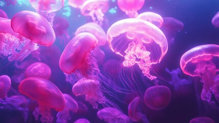 Naklejka premium Pink and Purple Jellyfish Swimming in a Deep Blue Aquarium