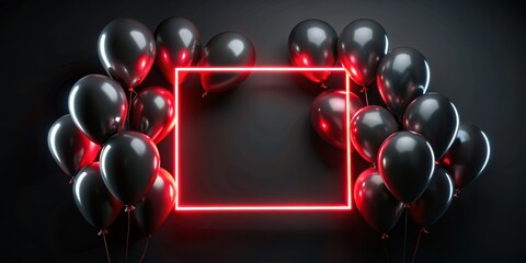 Black Balloons with Red Neon Frame, 3D Render, Minimalist, Party, Celebration, Balloon, Neon