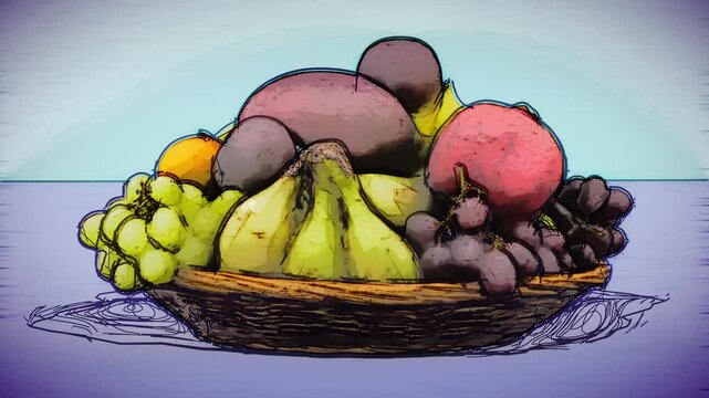 Fruits Basket, 3D Rotating Cartoon Fresh Vegetarian Food Drawing with Thick Black Line Art
