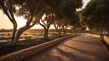 Obraz premium Serene Sunset Landscape with Winding Path and Stone Wall