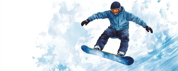 A dynamic watercolor of a snowboarder performing a trick, with cool blues capturing the snow, watercolor, snowboarding, action