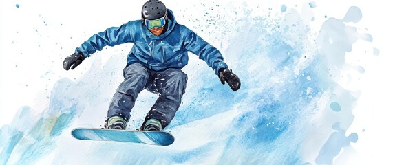 A dynamic watercolor of a snowboarder performing a trick, with cool blues capturing the snow, watercolor, snowboarding, action