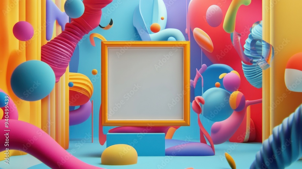 Poster Empty Picture Frame Surrounded by Abstract Colorful Shapes