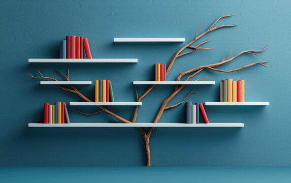 A creative bookshelf design shaped like a tree, combining nature and literature for an artistic home decor.