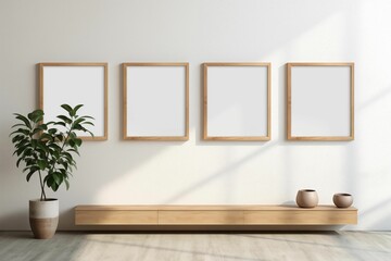empty wooden frames on the wall, a minimalistic interior design mockup, against a white background. Generative ai