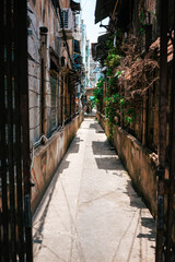 View of an urban alleyway with vibrant graffiti and barbed wire. The image captures a gritty yet colorful representation of city life and urban decay.