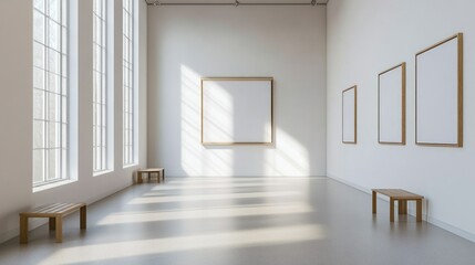 Minimalist Gallery Interior with Empty Frames and Wooden Benches