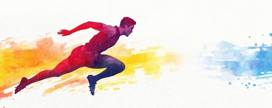 A bold watercolor of a hurdler mid-jump, with intense brushstrokes showing height, watercolor, hurdling, action