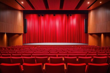 Empty Elegant Red Velvet Curtain Theater with Rows of Luxurious Seats Ready for Performance