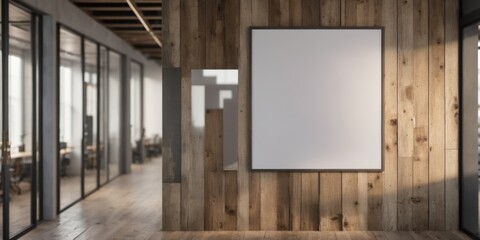 Minimalistic room with wood walls, modern office view, high ceil