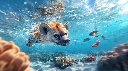 A hyena diving into a vibrant sea, surrounded by colorful fish and coral, highlighting an adventurous underwater exploration.