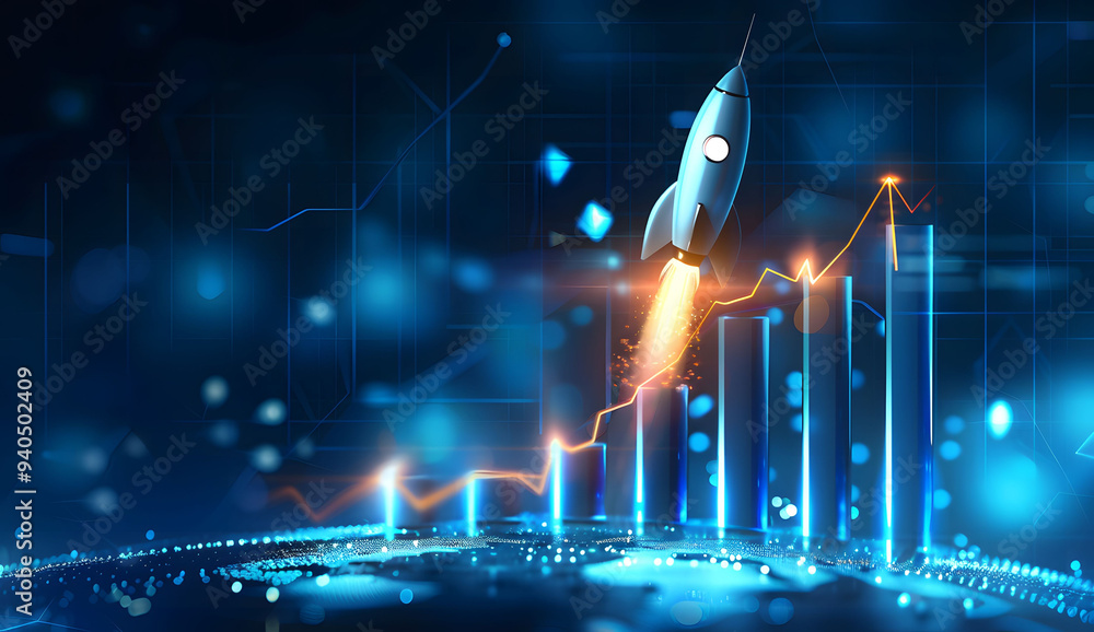 Poster abstract futuristic blue background with glowing arrows pointing upwards and a rocket taking off. ve