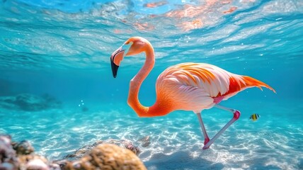 A flamingo wading in a clear sea, surrounded by tropical fish and coral, highlighting a lively underwater adventure.