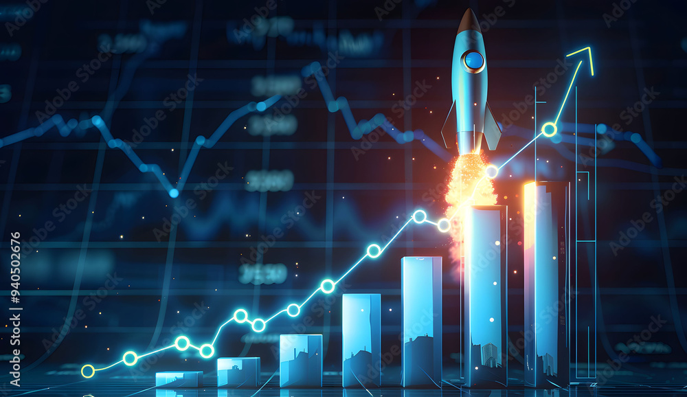Poster abstract futuristic blue background with glowing arrows pointing upwards and a rocket taking off. ve