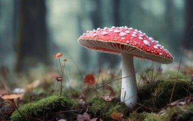 Close-up mushroom forest has red cap white spots Vibrant mushroo