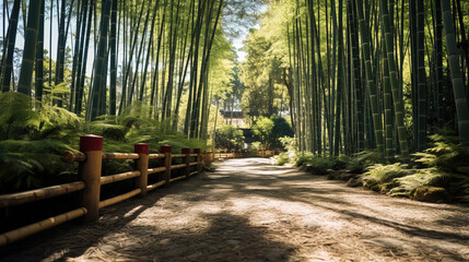 Serene Path Through a Lush Bamboo Forest