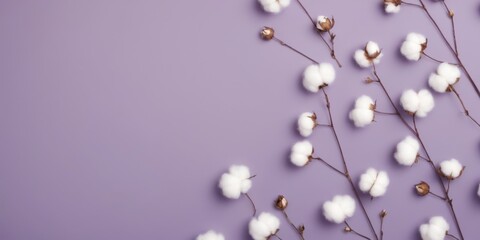Obraz premium Flat lay of cotton flowers on purple background, white and fluff