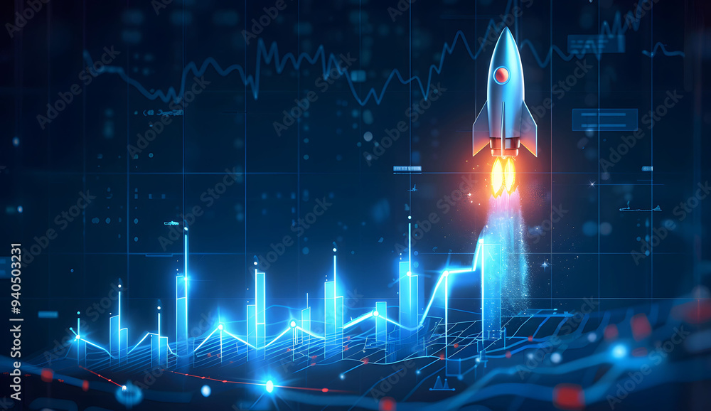 Poster abstract futuristic blue background with glowing arrows pointing upwards and a rocket taking off. ve