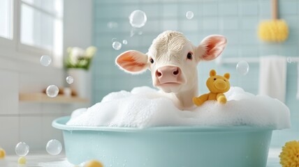 A cow having a whimsical bath with colorful bubbles and playful toys in a luxurious and cheerful bathroom setting.