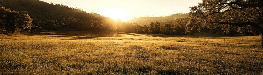 Golden Field at Sunset with Silhouetted Trees