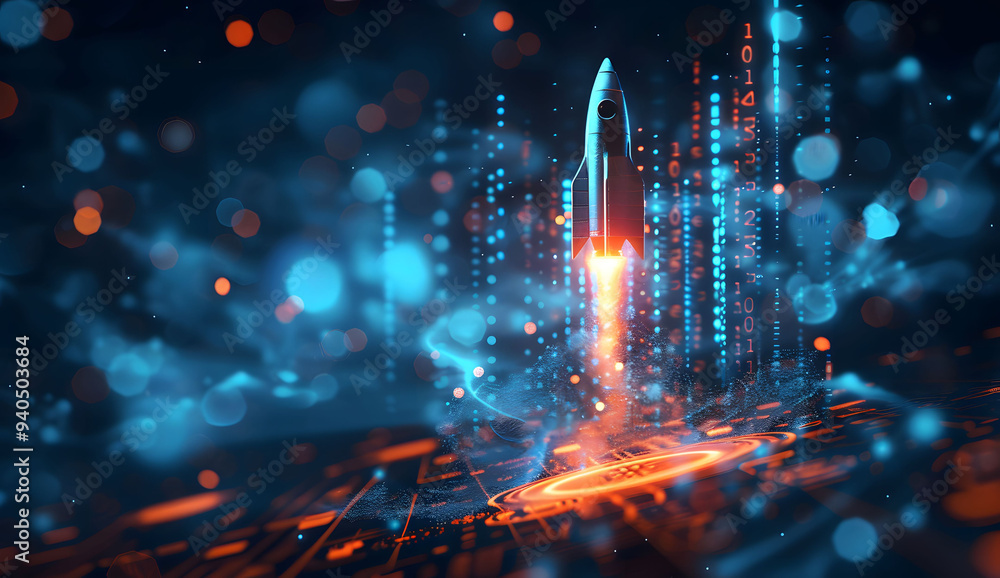 Poster abstract futuristic blue background with glowing arrows pointing upwards and a rocket taking off. ve