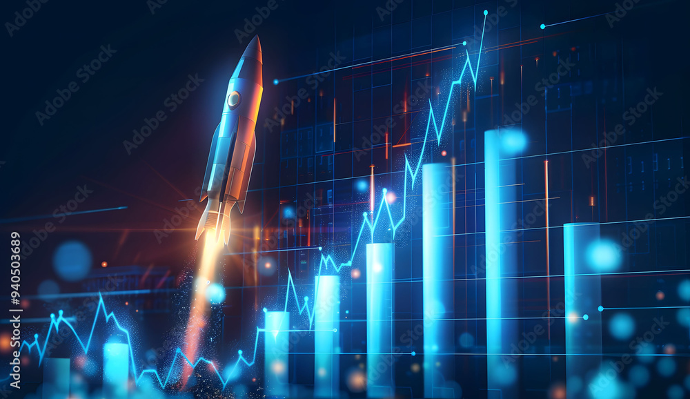 Poster abstract futuristic blue background with glowing arrows pointing upwards and a rocket taking off. ve